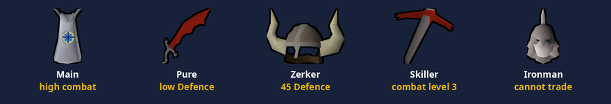 Five account types: main (high combat), pure (low Defence), zerker (45 Defence), skiller (combat level 3) and Ironman (cannot trade).