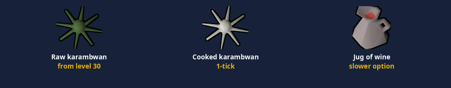 Raw karambwan, cooked karambwan and a jug of wine.
