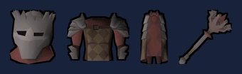 Inquisitor's great helm, hauberk, plateskirt and mace