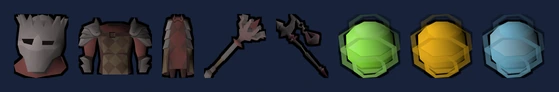 Inquisitor's great helm, hauberk, plateskirt and mace, Nightmare staff, and the Eldritch, Volatile and Harmonised orbs.