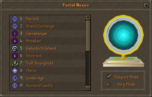 Portal Nexus teleport interface — pick destination from the radial menu