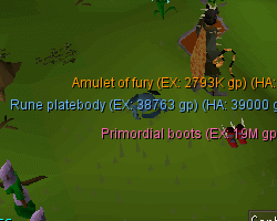 Ground Items: item names and values shown over items on the floor.