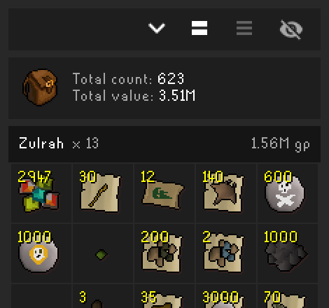 Loot Tracker panel with loot and GP value from Zulrah and Vorkath kills.