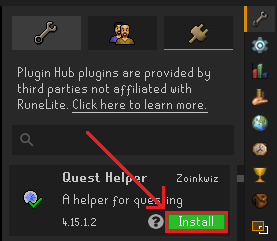 A Plugin Hub entry for Quest Helper with the Install button marked.