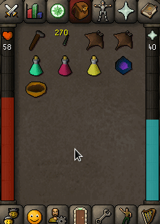 Status Bars: HP and Prayer bars on each side of the inventory.