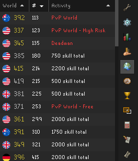 World Hopper list of worlds with player counts and activities.