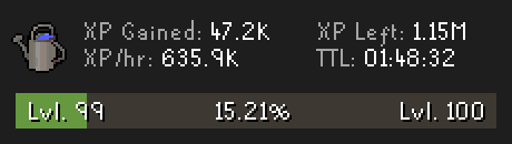 XP Tracker panel showing XP gained, XP per hour, XP left and time to level.